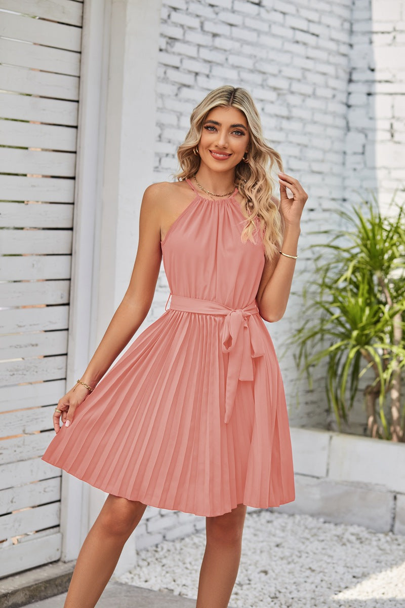 Halter Strapless Dresses For Women Solid Pleated Skirt Summer Beach Sundress - Lookulooku