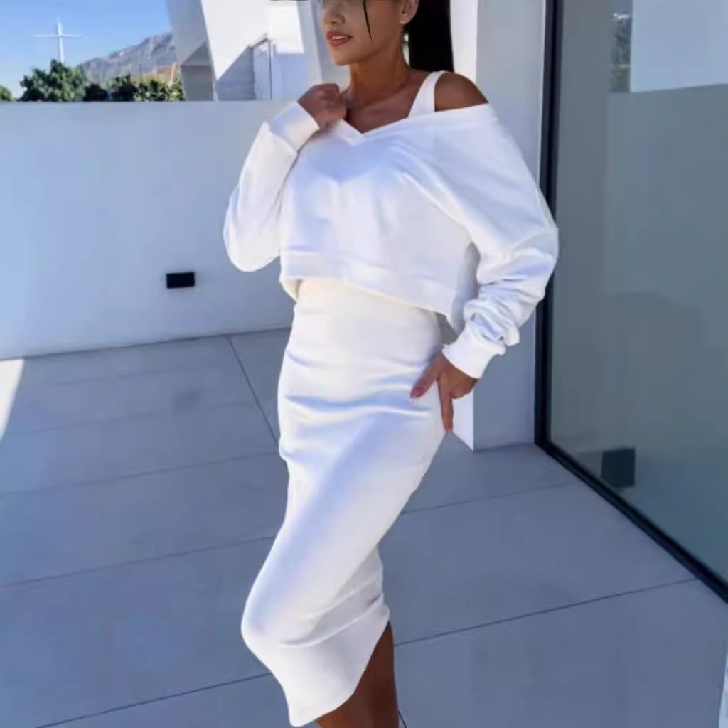 Women's two-piece dress suit featuring a long-sleeved V-neck pullover and sleeveless dress from Lookulooku.