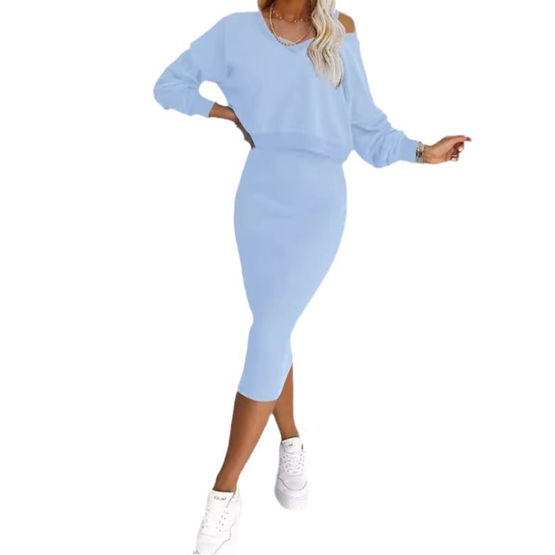 Women's two-piece dress suit featuring a long-sleeved V-neck pullover sweatshirt and sleeveless dress by Lookulooku.