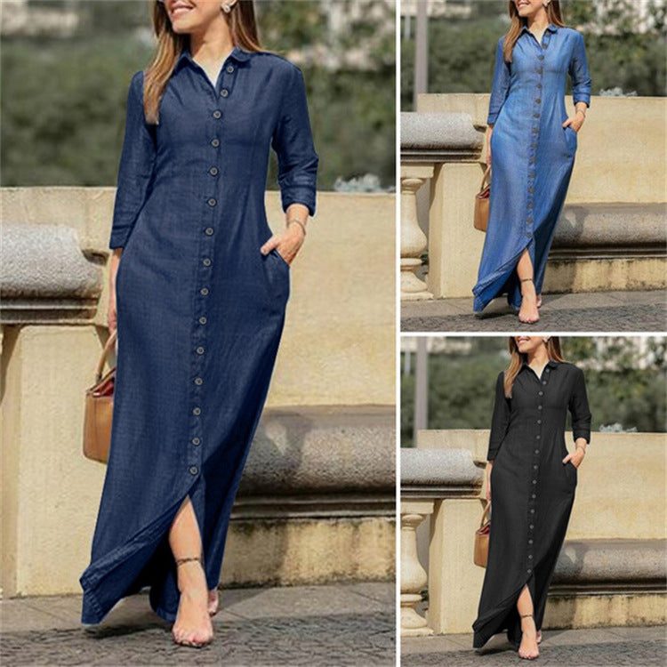 Lookulooku women's casual denim maxi dress with long sleeves, button-down front, pockets, and a relaxed fit.
