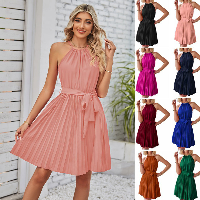 Halter Strapless Dresses For Women Solid Pleated Skirt Summer Beach Sundress - Lookulooku