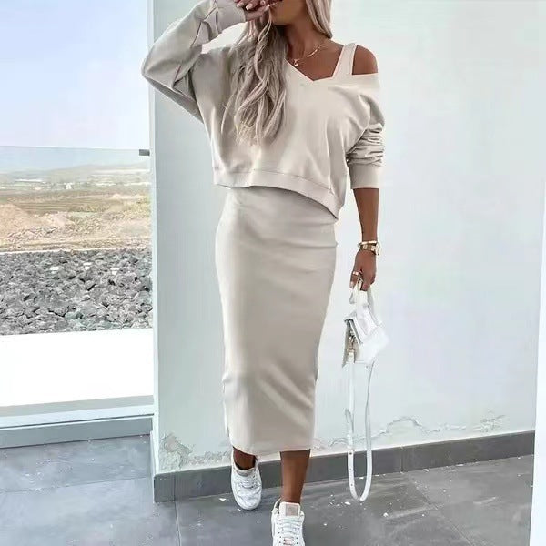 Women's two-piece dress suit featuring a long-sleeved V-neck pullover and sleeveless dress by Lookulooku.
