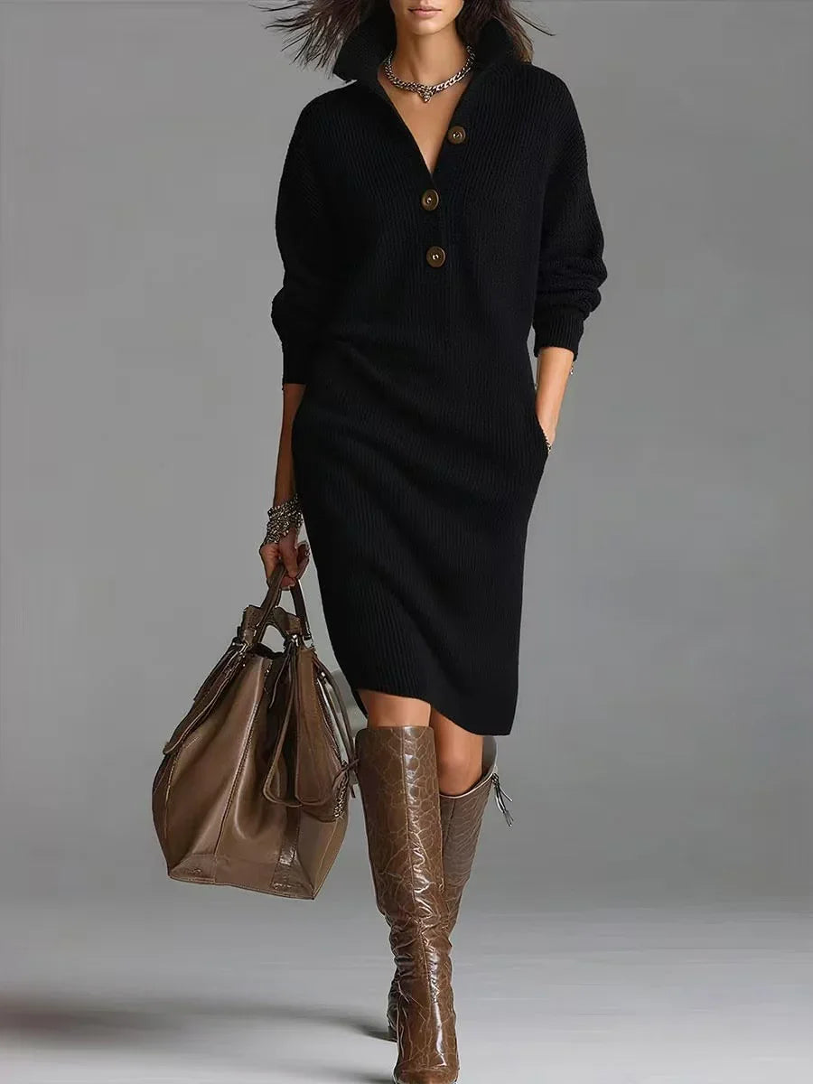 Long-sleeved Sweater Dress Fashion Warm Stand-up Collar V-neck Button Pullover Dresses Winter Casual Commuting Women's Clothing - Lookulooku