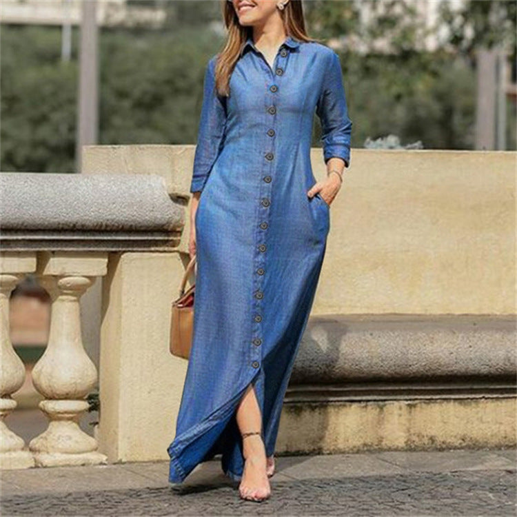 Lookulooku women's casual denim maxi dress with long sleeves, button-down front, pockets, and a relaxed fit.