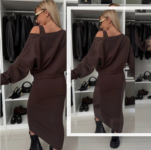 Women's two-piece dress suit featuring a long-sleeved V-neck pullover sweatshirt and sleeveless dress by Lookulooku.