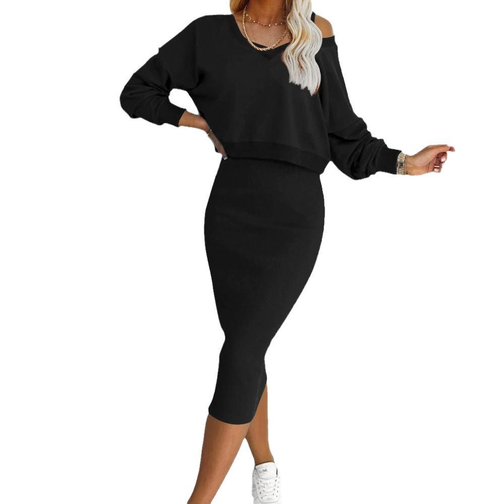 Women's two-piece dress suit featuring a long-sleeved V-neck pullover sweatshirt and a sleeveless dress by Lookulooku.
