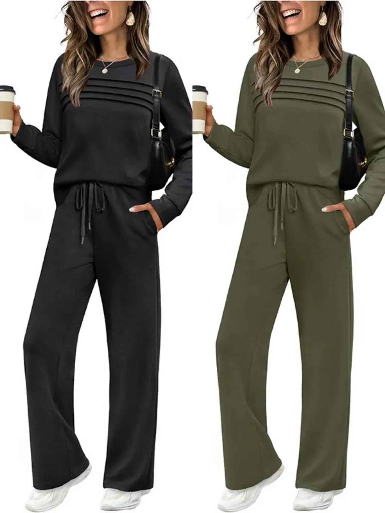 Women's Casual Elastic Waist Trousers Wide-leg Pants - Lookulooku