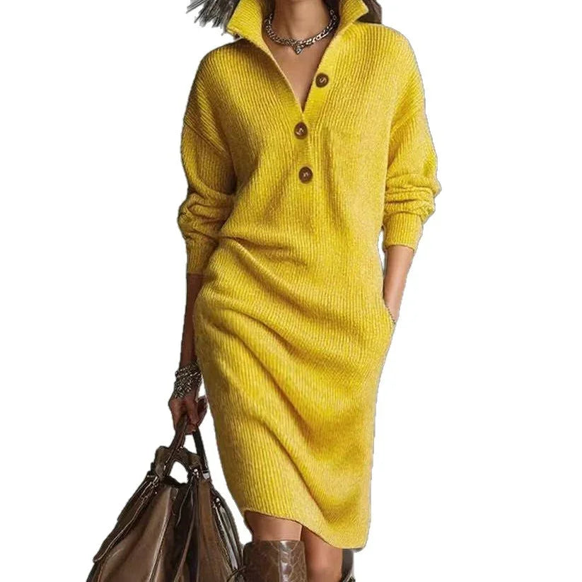 Long-sleeved Sweater Dress Fashion Warm Stand-up Collar V-neck Button Pullover Dresses Winter Casual Commuting Women's Clothing - Lookulooku