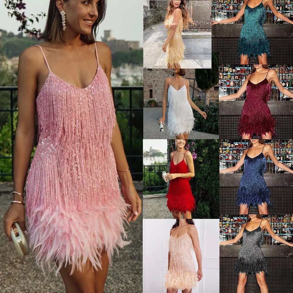 Tassel Sequins Feather Summer Mini Dress Women V Neck Spaghetti Strap Stitching Dresses Female Elegant Evening Party Club Dress - Lookulooku