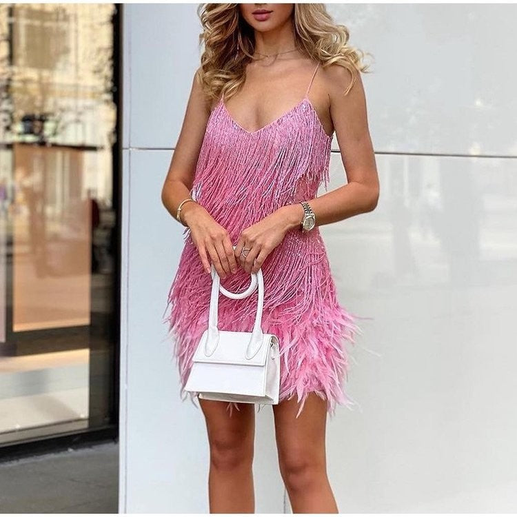 Tassel Sequins Feather Summer Mini Dress Women V Neck Spaghetti Strap Stitching Dresses Female Elegant Evening Party Club Dress - Lookulooku