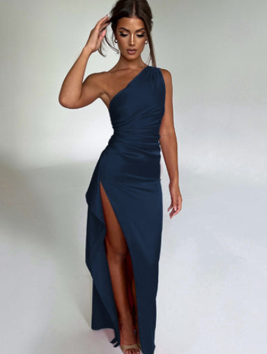 Sexy One-Shoulder Backless Slit Satin Dress - Lookulooku