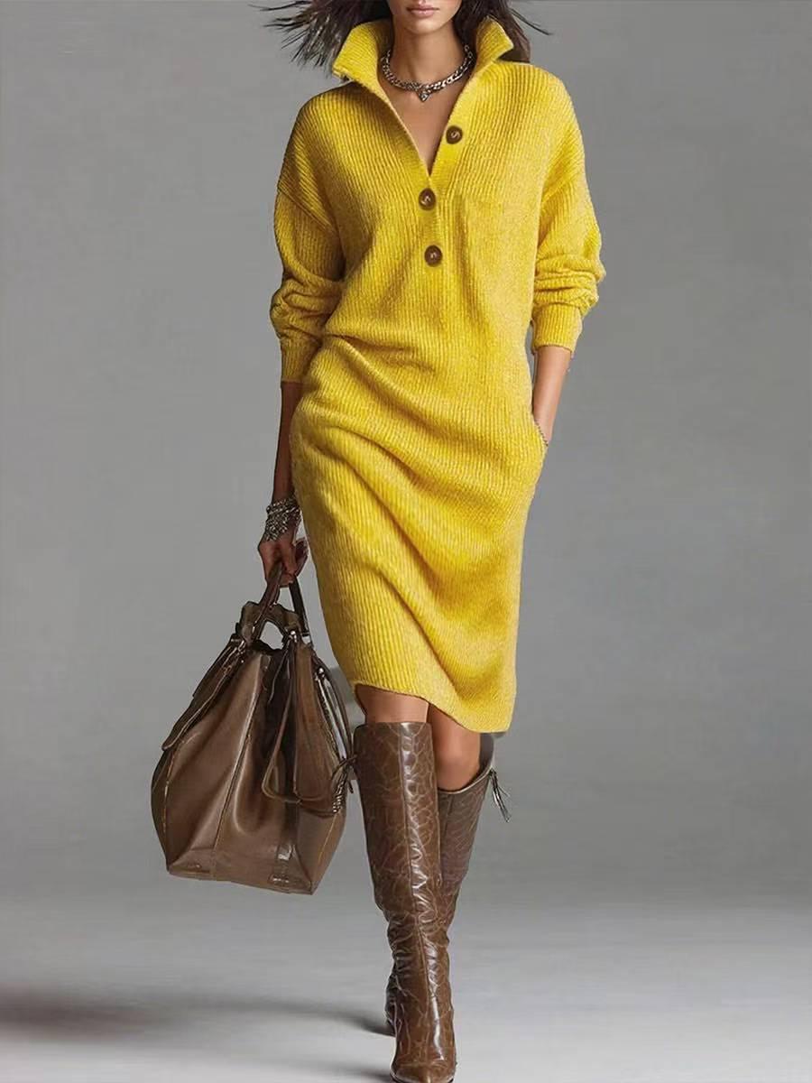 Long-sleeved Sweater Dress Fashion Warm Stand-up Collar V-neck Button Pullover Dresses Winter Casual Commuting Women's Clothing - Lookulooku