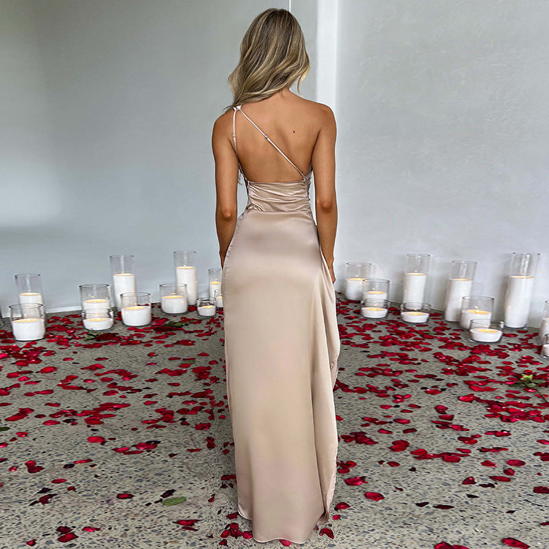 Sexy One-Shoulder Backless Slit Satin Dress - Lookulooku