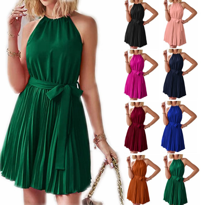 Halter Strapless Dresses For Women Solid Pleated Skirt Summer Beach Sundress - Lookulooku