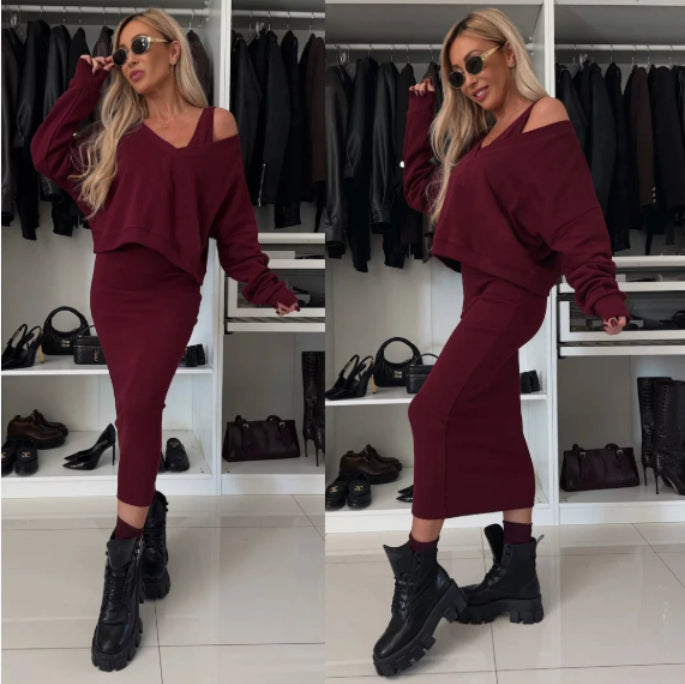 Women's two-piece dress suit featuring a long-sleeved V-neck pullover and sleeveless dress by Lookulooku.
