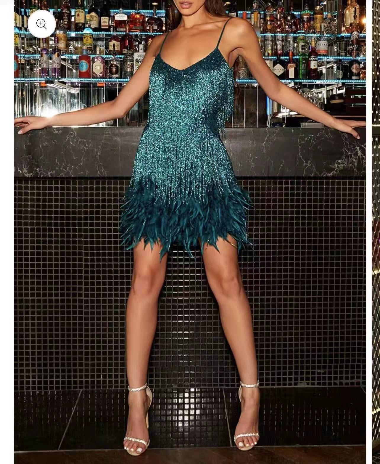 Tassel Sequins Feather Summer Mini Dress Women V Neck Spaghetti Strap Stitching Dresses Female Elegant Evening Party Club Dress - Lookulooku