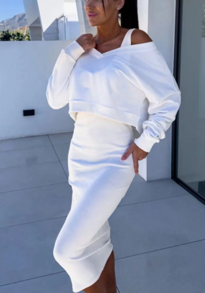 Women's two-piece dress suit featuring a long-sleeved V-neck pullover sweatshirt and sleeveless dress by Lookulooku.