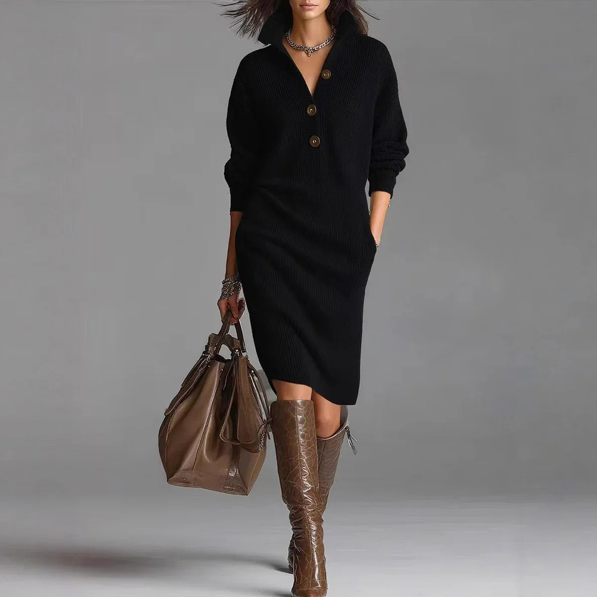 Long-sleeved Sweater Dress Fashion Warm Stand-up Collar V-neck Button Pullover Dresses Winter Casual Commuting Women's Clothing - Lookulooku