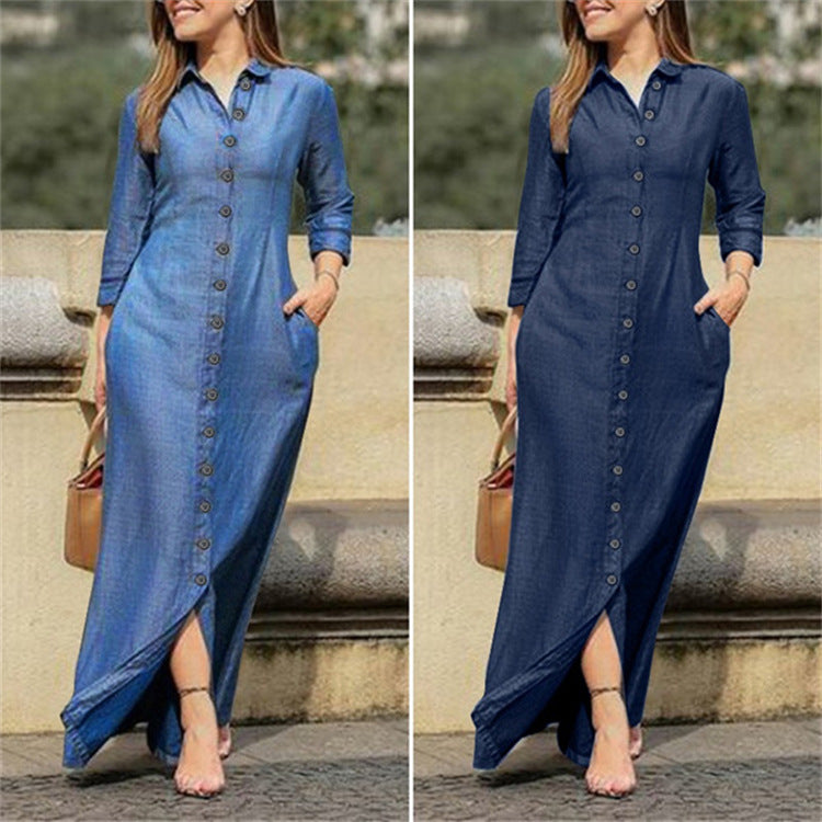 Lookulooku women's casual denim maxi dress with long sleeves, button-down front, side pockets, and a relaxed fit.