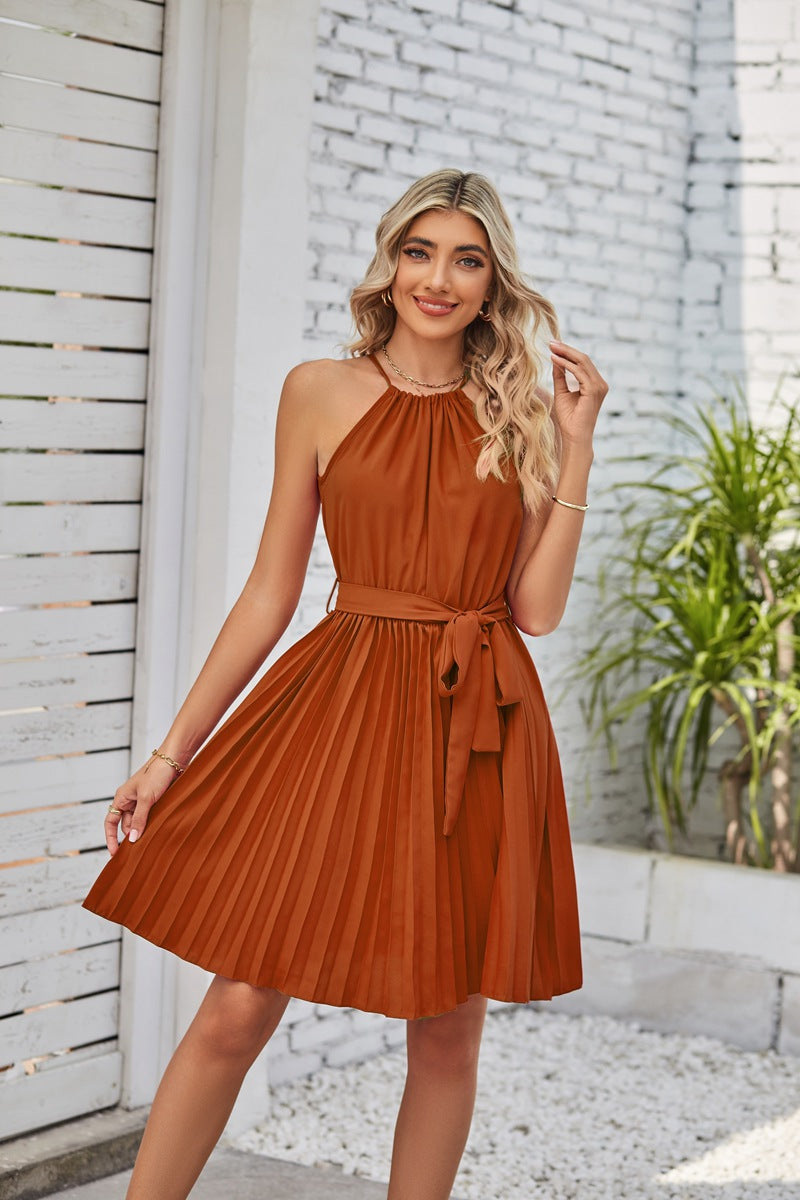 Halter Strapless Dresses For Women Solid Pleated Skirt Summer Beach Sundress - Lookulooku