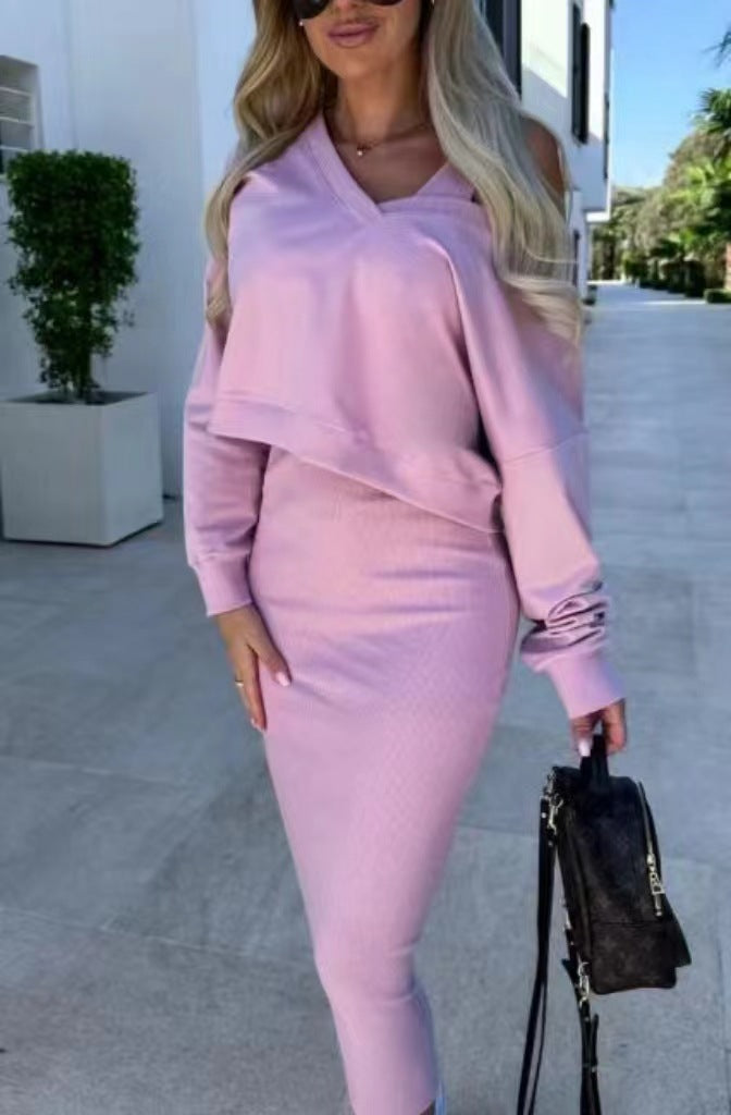 Women's two-piece dress suit featuring a long-sleeved V-neck pullover sweatshirt and sleeveless dress by Lookulooku.