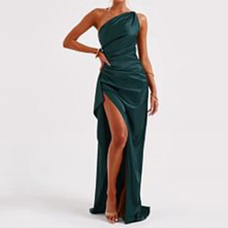Sexy One-Shoulder Backless Slit Satin Dress - Lookulooku