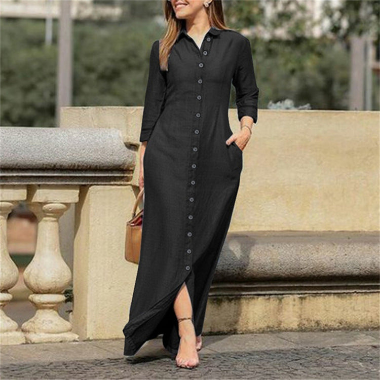 Lookulooku women's casual denim maxi dress with long sleeves, button-down front, and pockets, perfect for everyday wear.