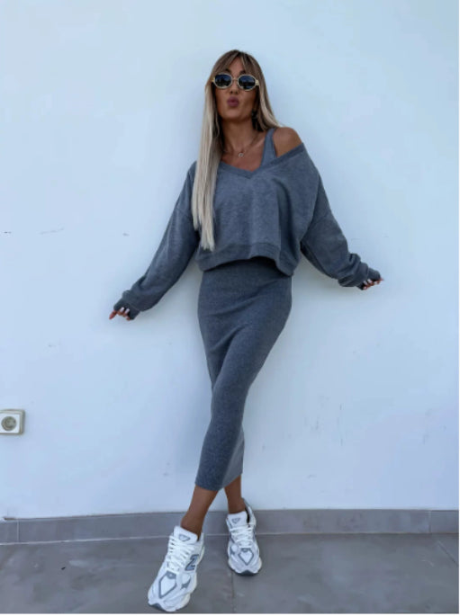 Women's Lookulooku two-piece dress suit featuring a long-sleeved V-neck sweatshirt and sleeveless dress set.