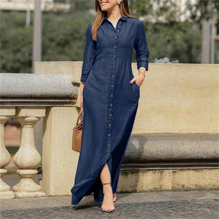 Women’s casual denim maxi dress by Lookulooku featuring long sleeves, button-down front, pockets, and a relaxed fit.