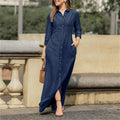 Women’s casual denim maxi dress by Lookulooku featuring long sleeves, button-down front, pockets, and a relaxed fit.